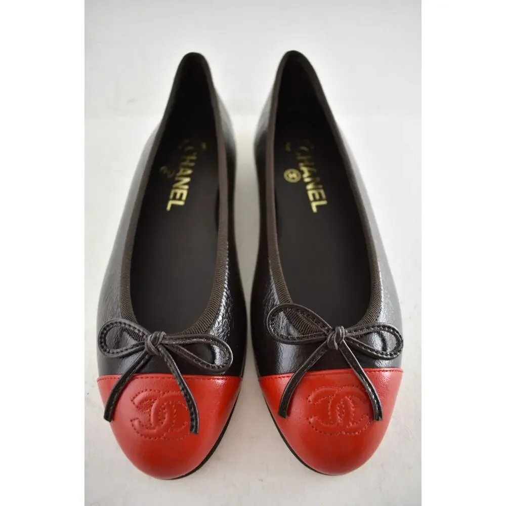 Chanel 26S Dark Brown Red Leather CC Logo Cap Classic Ballet Ballerina Flat 39 - Picture 15 of 16